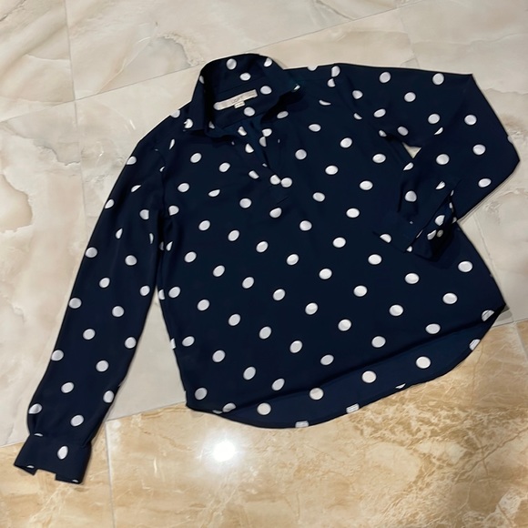 LOFT Women's Classic Top Blouse Long Sleeves Navy White Polka Dot Size XXSP - Picture 3 of 3